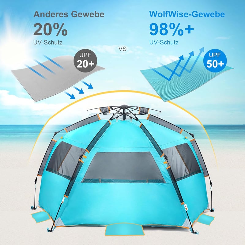 WolfWise UV50+ Strandpavillon 3-4 Személyes Gyors Felépítésű Napvédő Sátor