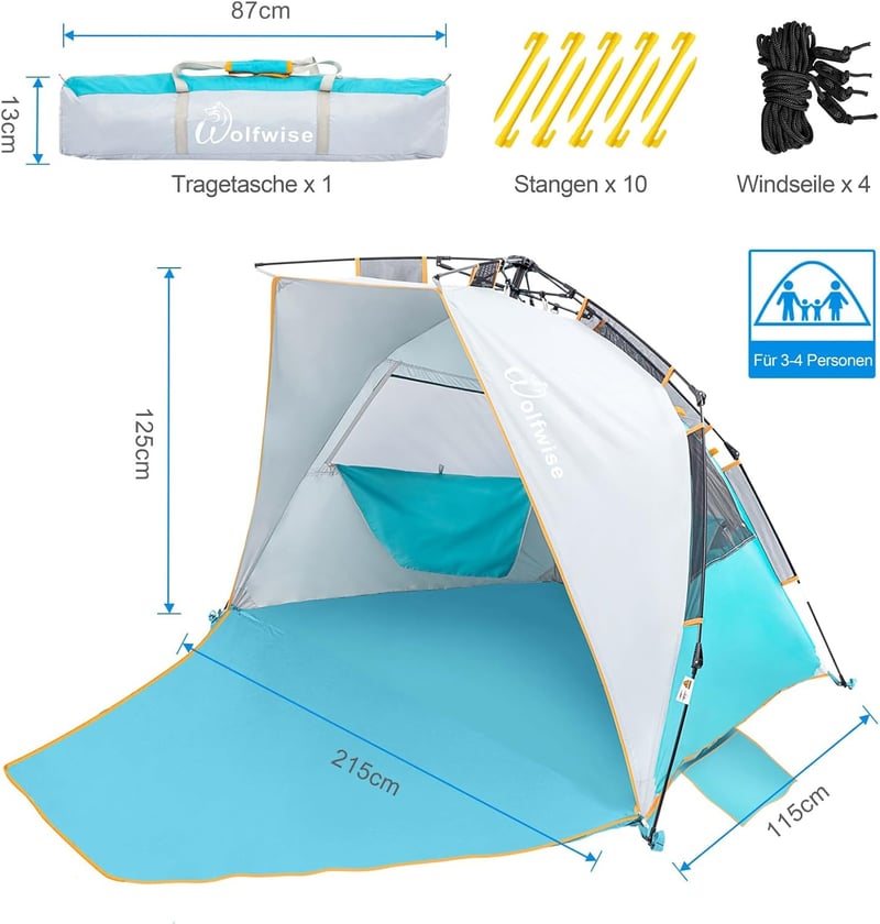 WolfWise UV50+ Strandpavillon 3-4 Személyes Gyors Felépítésű Napvédő Sátor