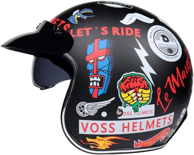 Woljay Retro Motoros Bukósisak 3/4 Jet Helmet Napszemüveggel ECE 22/05 Jóváhagyott - L, Graffiti Black