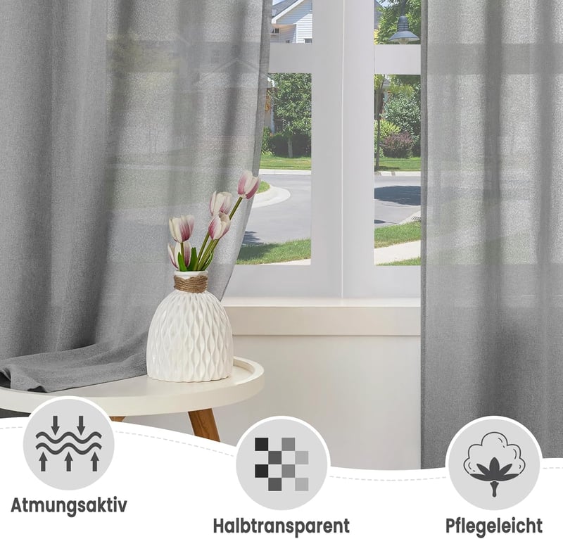 WOLTU 2 darabos függöny szett, modern voile függöny 135x225 cm, szürke