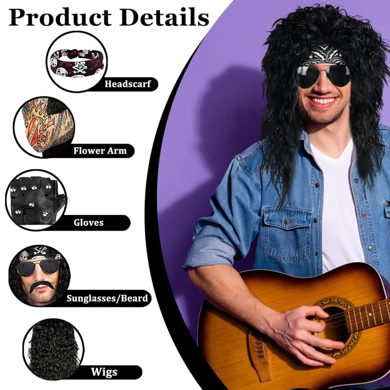 Wondora 6 részes Rocker jelmez szett férfiaknak - napszemüveg, paróka, bajusz