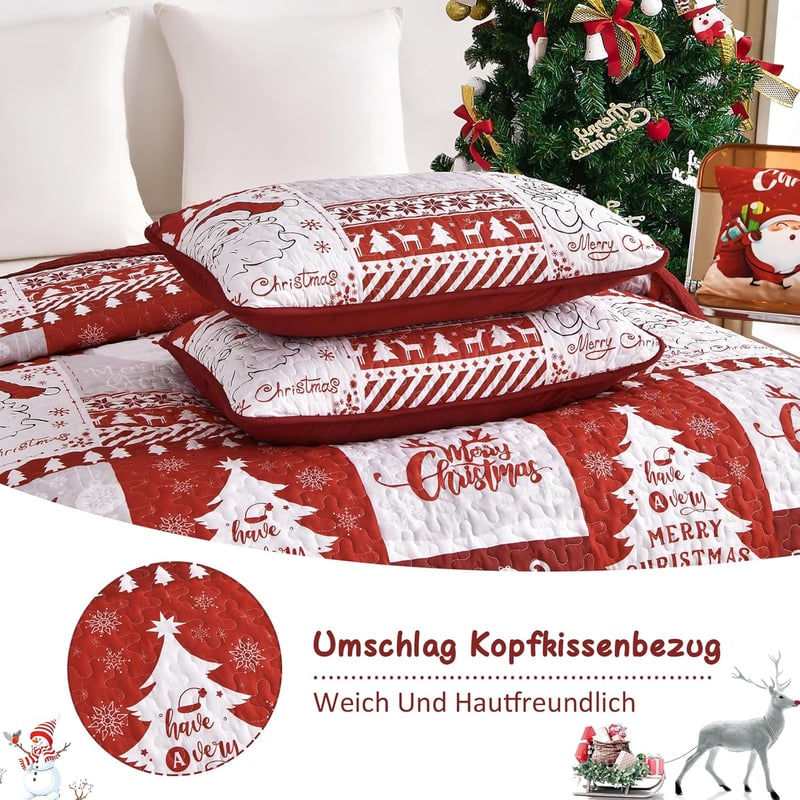 WONGS BEDDING Karácsonyi Ágytakaró Szett 220x240 cm - Mikroszálas Steppelt Takaró 2 Párnahuzattal - Fehér Karácsonyfa és Rénszarvas Mintás