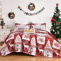WONGS BEDDING Karácsonyi Ágytakaró Szett 220x240 cm - Mikroszálas Steppelt Takaró 2 Párnahuzattal - Fehér Karácsonyfa és Rénszarvas Mintás 3