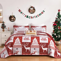 WONGS BEDDING Karácsonyi Ágytakaró Szett 220x240 cm - Mikroszálas Steppelt Takaró 2 Párnahuzattal - Fehér Karácsonyfa és Rénszarvas Mintás 1