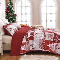 WONGS BEDDING Karácsonyi Ágytakaró Szett 220x240 cm - Mikroszálas Steppelt Takaró 2 Párnahuzattal - Fehér Karácsonyfa és Rénszarvas Mintás 4