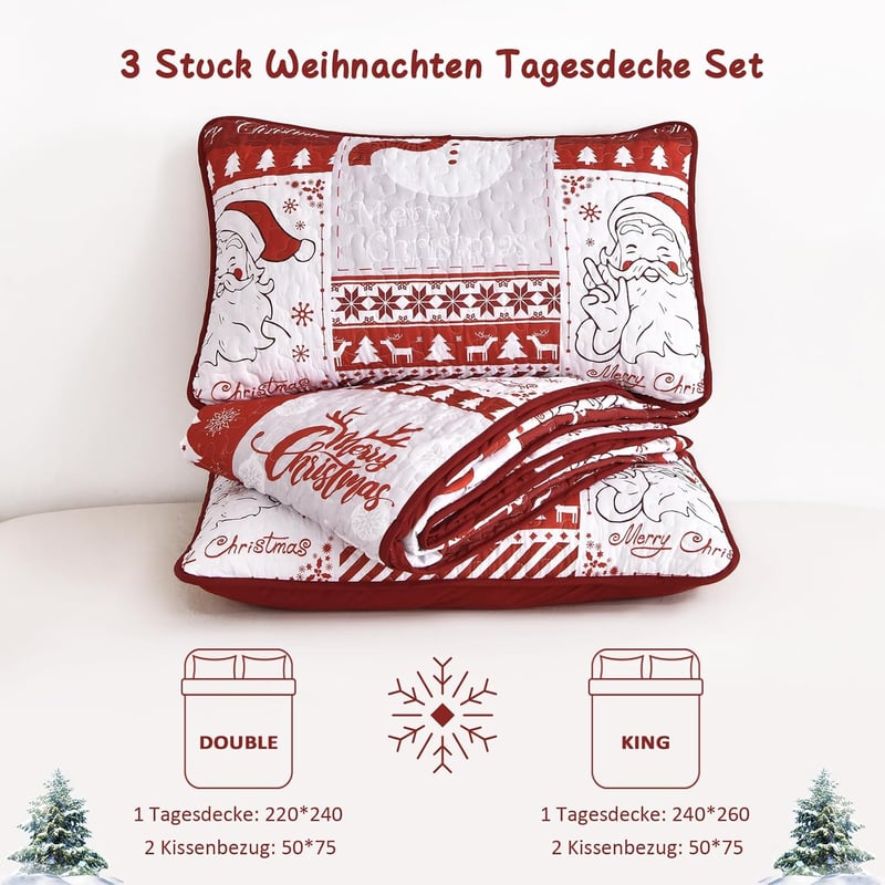 WONGS BEDDING Karácsonyi Ágytakaró Szett 220x240 cm - Mikroszálas Steppelt Takaró 2 Párnahuzattal - Fehér Karácsonyfa és Rénszarvas Mintás