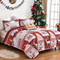 WONGS BEDDING Karácsonyi Ágytakaró Szett 220x240 cm - Mikroszálas Steppelt Takaró 2 Párnahuzattal - Fehér Karácsonyfa és Rénszarvas Mintás 2