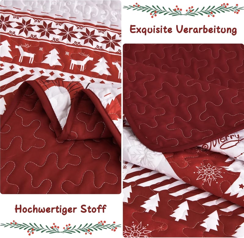 WONGS BEDDING Karácsonyi Ágytakaró Szett 220x240 cm - Mikroszálas Steppelt Takaró 2 Párnahuzattal - Fehér Karácsonyfa és Rénszarvas Mintás