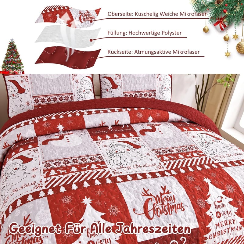 WONGS BEDDING Karácsonyi Ágytakaró Szett 220x240 cm - Mikroszálas Steppelt Takaró 2 Párnahuzattal - Fehér Karácsonyfa és Rénszarvas Mintás