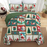 WONGS BEDDING Karácsonyi Ágytakaró Szett 240x260 cm - Mikroszálas Steppelt Takaró 2 Párnahuzattal - Zöld Karácsonyfa és Rénszarvas Mintás 3