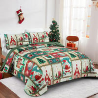 WONGS BEDDING Karácsonyi Ágytakaró Szett 240x260 cm - Mikroszálas Steppelt Takaró 2 Párnahuzattal - Zöld Karácsonyfa és Rénszarvas Mintás 2