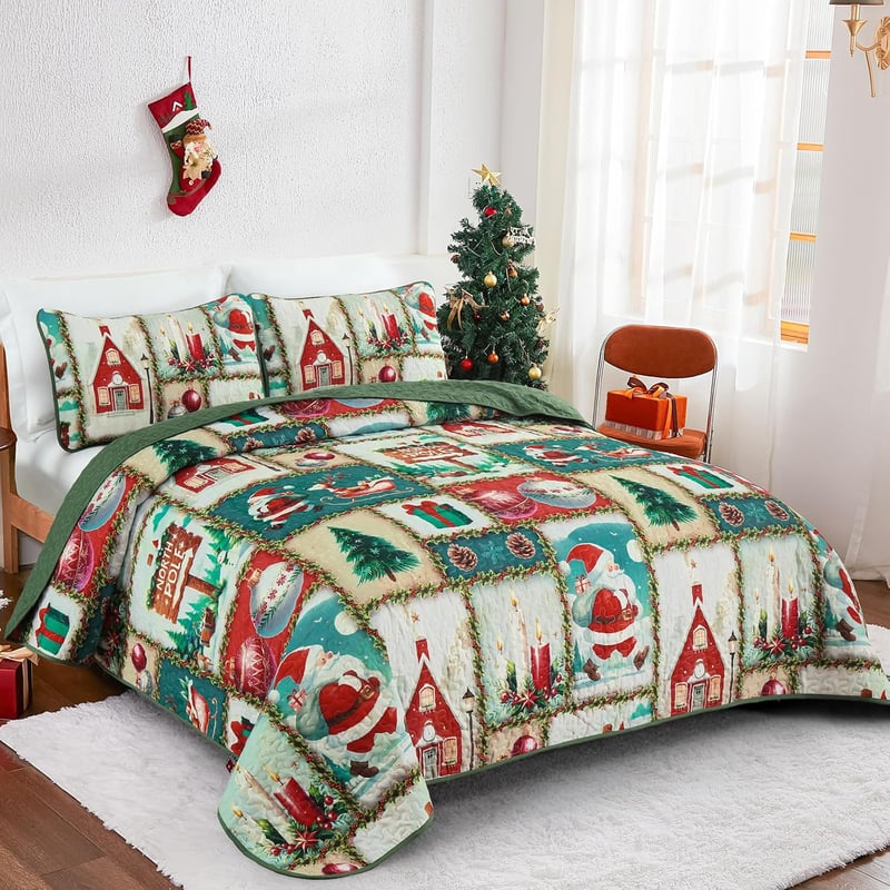 WONGS BEDDING Karácsonyi Ágytakaró Szett 240x260 cm - Mikroszálas Steppelt Takaró 2 Párnahuzattal - Zöld Karácsonyfa és Rénszarvas Mintás