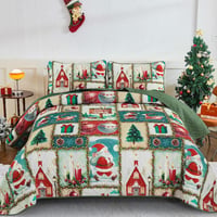 WONGS BEDDING Karácsonyi Ágytakaró Szett 240x260 cm - Mikroszálas Steppelt Takaró 2 Párnahuzattal - Zöld Karácsonyfa és Rénszarvas Mintás 1