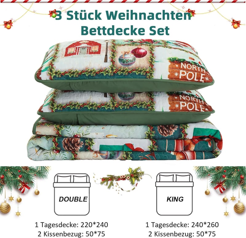 WONGS BEDDING Karácsonyi Ágytakaró Szett 240x260 cm - Mikroszálas Steppelt Takaró 2 Párnahuzattal - Zöld Karácsonyfa és Rénszarvas Mintás