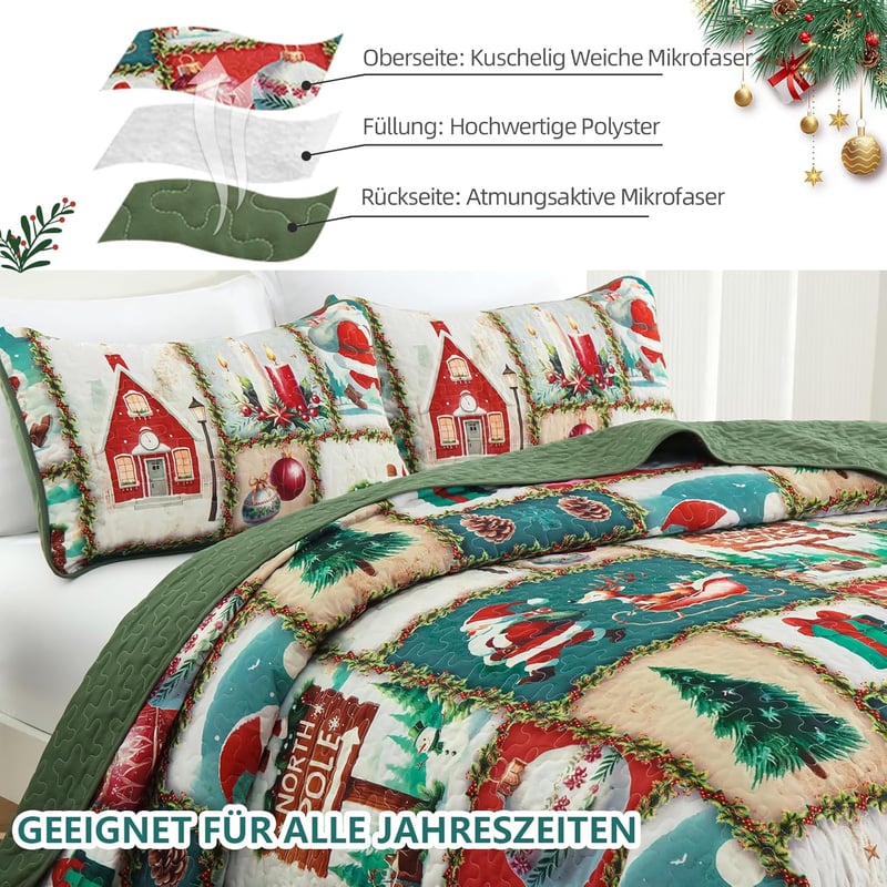 WONGS BEDDING Karácsonyi Ágytakaró Szett 240x260 cm - Mikroszálas Steppelt Takaró 2 Párnahuzattal - Zöld Karácsonyfa és Rénszarvas Mintás