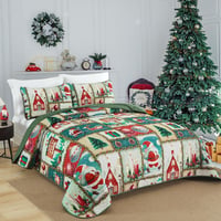 WONGS BEDDING Karácsonyi Ágytakaró Szett 240x260 cm - Mikroszálas Steppelt Takaró 2 Párnahuzattal - Zöld Karácsonyfa és Rénszarvas Mintás 8