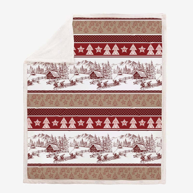 WONGS BEDDING Karácsonyi Takaró 130x150cm - Kétoldalas Sherpa Pléd Karácsonyfa Mintával, Puha Meleg Polár Ágytakaró, Piros