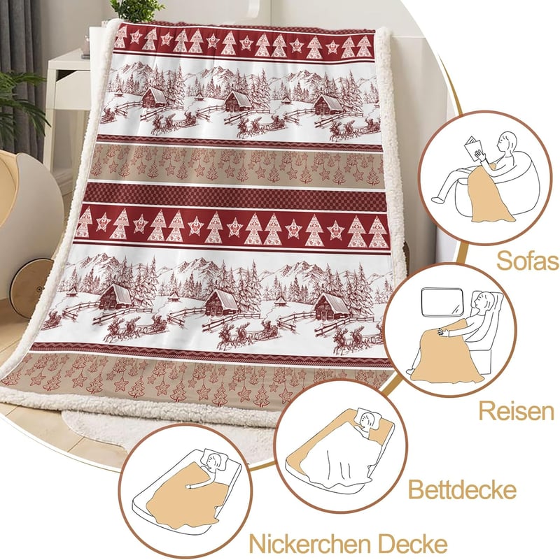 WONGS BEDDING Karácsonyi Takaró 130x150cm - Kétoldalas Sherpa Pléd Karácsonyfa Mintával, Puha Meleg Polár Ágytakaró, Piros