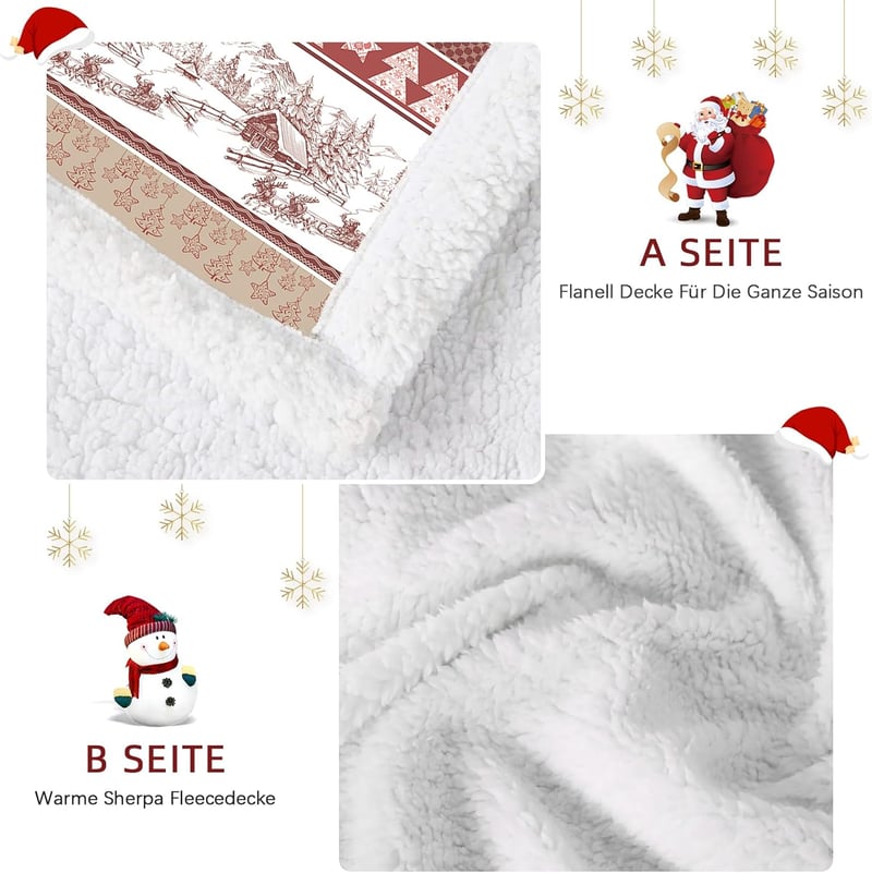 WONGS BEDDING Karácsonyi Takaró 130x150cm - Kétoldalas Sherpa Pléd Karácsonyfa Mintával, Puha Meleg Polár Ágytakaró, Piros
