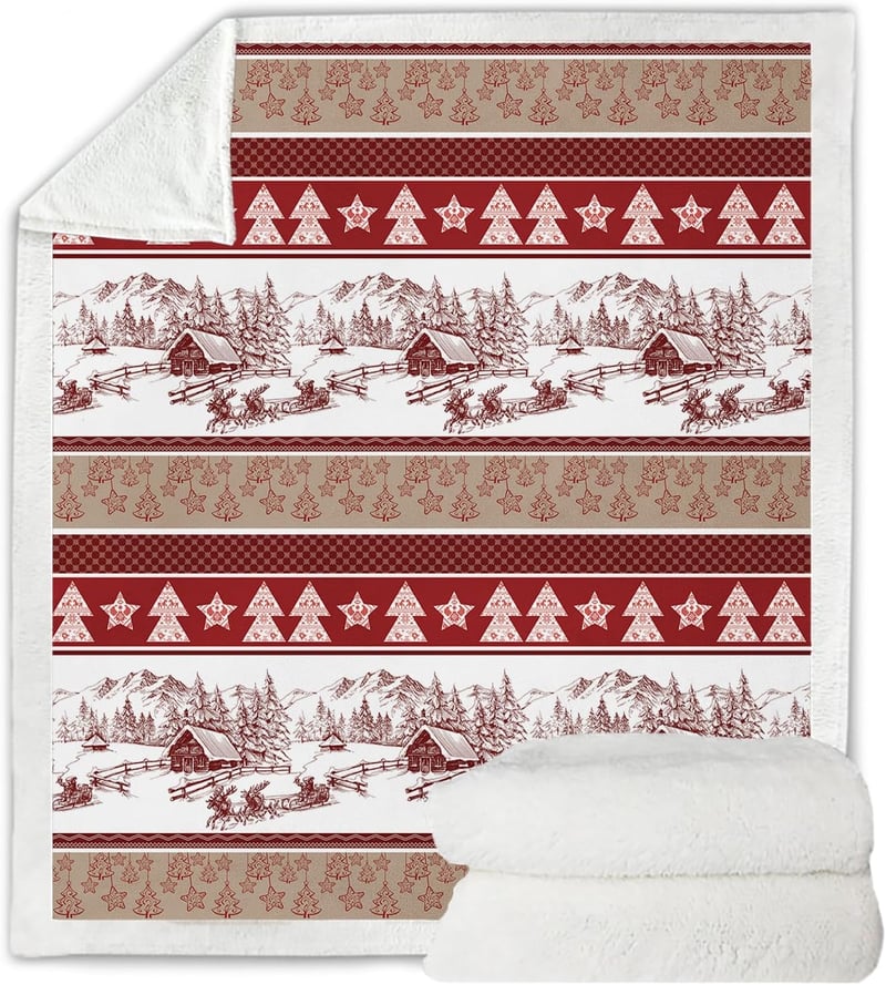 WONGS BEDDING Karácsonyi Takaró 150x200 cm - Kétoldalas Sherpa Pléd Karácsonyfás Mintával, Puha Meleg Polár Ágytakaró, Piros