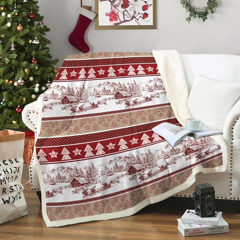 WONGS BEDDING Karácsonyi Takaró 130x150cm - Kétoldalas Sherpa Pléd Karácsonyfa Mintával, Puha Meleg Polár Ágytakaró, Piros