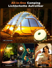 Ghirlandă luminoasă pentru camping Wonkelly, retractabilă, 10 m, iluminat LED portabil 4 în 1, reîncărcabil, pentru exterior 6