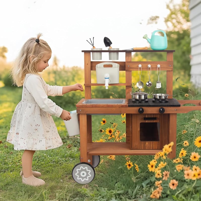 WOODENFUN Kerti Játékkonyha Gyerekeknek - Barna Fa Sárkonyha Kerekekkel, Mosogatóval és Növénytartóval, 3-8 Éves Korig