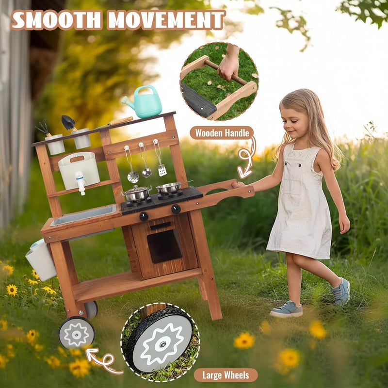 WOODENFUN Kerti Játékkonyha Gyerekeknek - Barna Fa Sárkonyha Kerekekkel, Mosogatóval és Növénytartóval, 3-8 Éves Korig