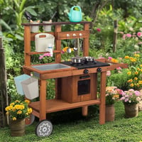 WOODENFUN Kerti Játékkonyha Gyerekeknek - Barna Fa Sárkonyha Kerekekkel, Mosogatóval és Növénytartóval, 3-8 Éves Korig 1