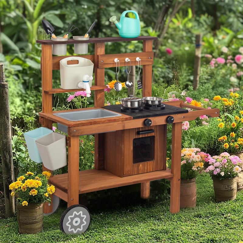 WOODENFUN Kerti Játékkonyha Gyerekeknek - Barna Fa Sárkonyha Kerekekkel, Mosogatóval és Növénytartóval, 3-8 Éves Korig