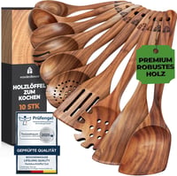 Woodenhouse 10 részes teakfa főzőkanál készlet - Merőkanál, spatula, konyhai eszközök tapadásmentes edényekhez - Természetes, BPA-mentes 1