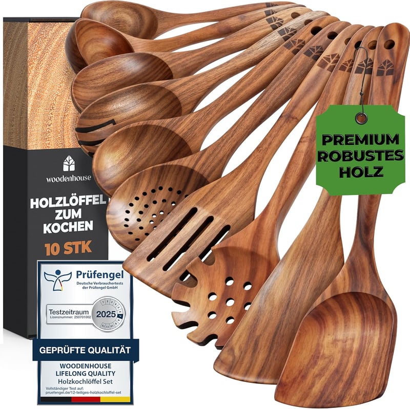 Woodenhouse 10 részes teakfa főzőkanál készlet - Merőkanál, spatula, konyhai eszközök tapadásmentes edényekhez - Természetes, BPA-mentes