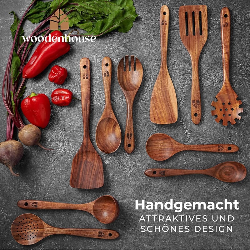 Woodenhouse 10 részes teakfa főzőkanál készlet - Merőkanál, spatula, konyhai eszközök tapadásmentes edényekhez - Természetes, BPA-mentes