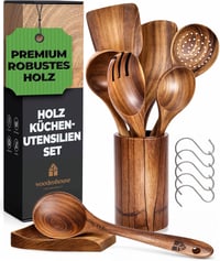 Woodenhouse 8 részes teakfa konyhai eszközkészlet tartóval, kanáltartóval és akasztókkal - Tapadásmentes főzőeszközök 1