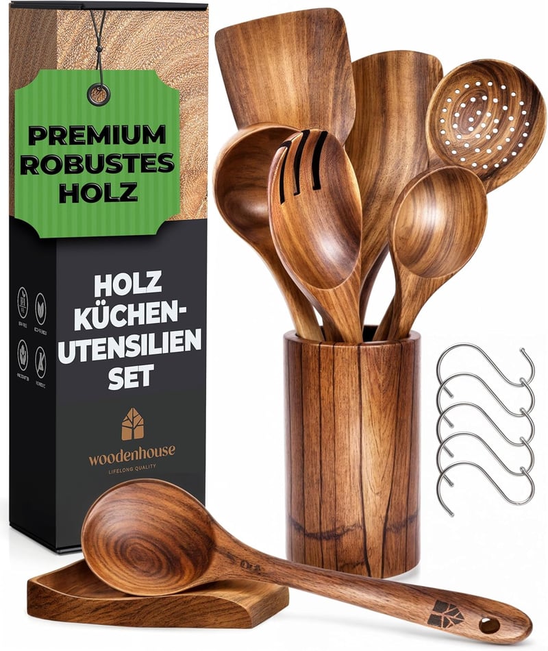 Woodenhouse 8 részes teakfa konyhai eszközkészlet tartóval, kanáltartóval és akasztókkal - Tapadásmentes főzőeszközök
