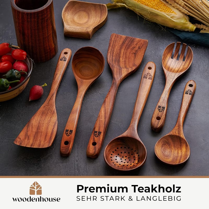Woodenhouse 8 részes teakfa konyhai eszközkészlet tartóval, kanáltartóval és akasztókkal - Tapadásmentes főzőeszközök