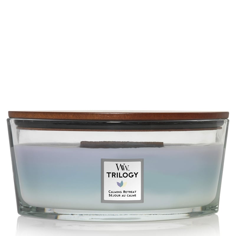 Vonná sviečka WoodWick Trilogy Elliptical Hearthwick – Calming Retreat, Lavender, Peace Retreat, 453 g, doba horenia až 50 hodín