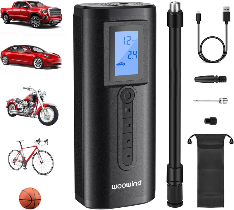 Woowind AP2-P Akkumulátoros Kompresszor, Elektromos Légpumpa Autóhoz és Kerékpárhoz 150 PSI, Powerbank Funkcióval, Presta Schrader Dunlop