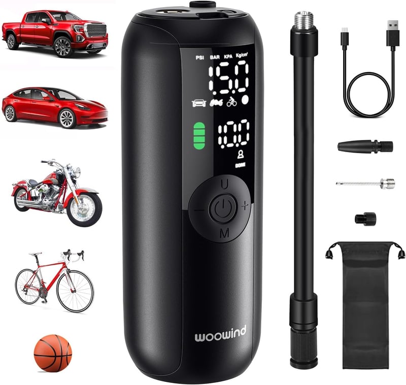 Woowind LP1 Elektromos Légpumpa 150 PSI - Akkumulátoros Kompresszor Autóhoz, Kerékpárhoz, Motorhoz - Hordozható, Digitális Kijelzővel, LED V
