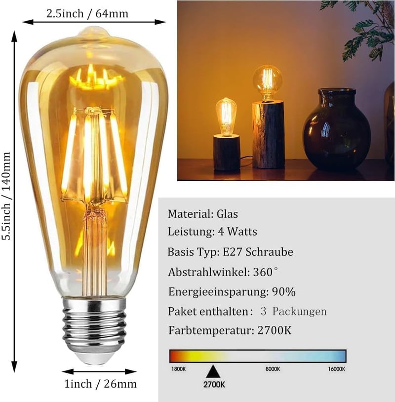 WOOWTT E27 LED Edison izzó 4W dimmelhető meleg fehér 2700K 3db szett