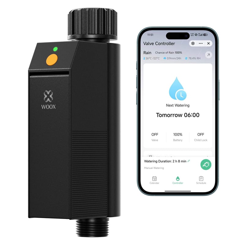 Inteligentný WiFi zavlažovač Woox, bez nutnosti hubu, 2,4 GHz, ovládanie cez aplikáciu a hlasom, vodoodolnosť IP65, automatický časovač zavlažovania, odloženie pri daždi