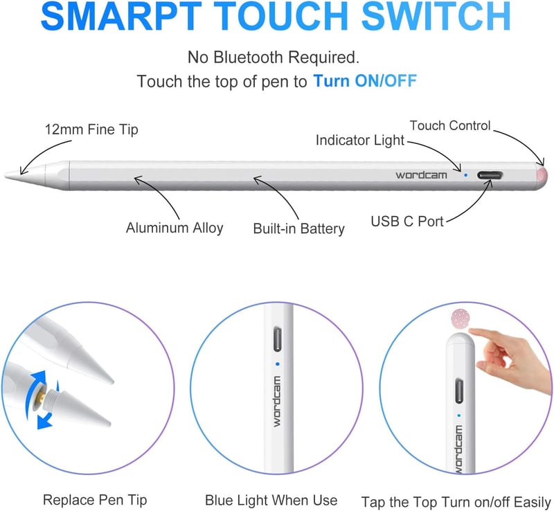 Wordcam Stylus Toll iPad-hez Tenyérérzékelővel - Kompatibilis iPad Pro 11/12.9, iPad Air 3/4/5, iPad 6-9 Gen, iPad Mini 5/6 Modellekkel