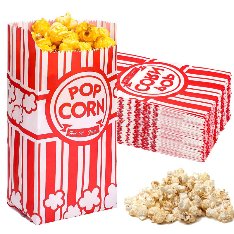 Woric vrecúška na popcorn, 135 ks, červeno-biele retro papierové vrecúška na pochutiny, vhodné na filmový večer, narodeniny, letnú párty a školské podujatia, 9x21 cm