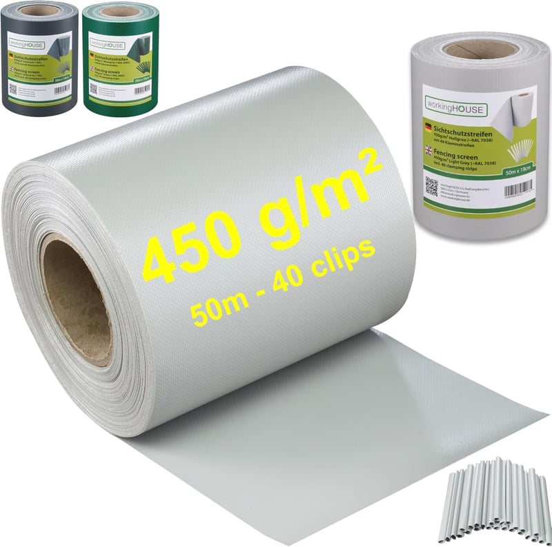 WORKINGHOUSE PVC Adatvédelmi Szalag 450g/m² Dupla Rudas Kerítéshez 50m Tekercs Világosszürke - 1, Lightgrey