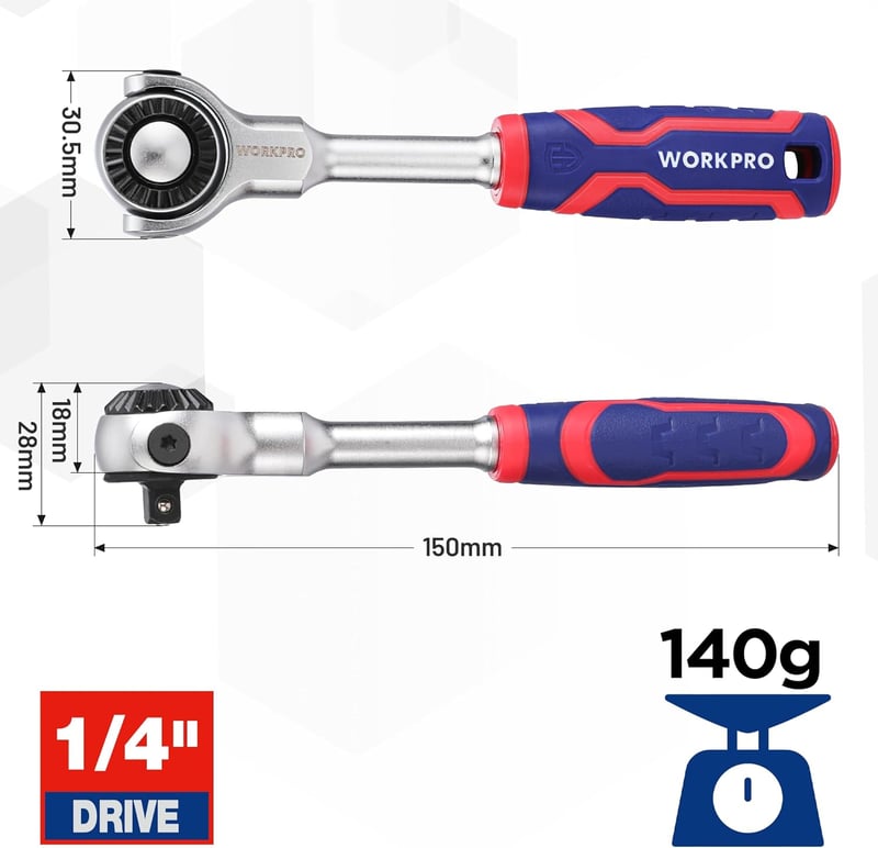 WORKPRO 1/4" Forgófejes Racsni 72 Fogas Csatlakozóval 270° Hajlítható Fej Gyorsoldással