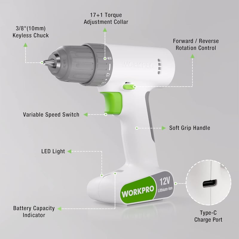 WORKPRO 12V Akkus Csavarbehajtó Fúró 19 NM Nyomaték LED Lámpával