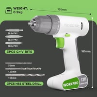WORKPRO 12V Akkus Csavarbehajtó Fúró 19 NM Nyomaték LED Lámpával 7
