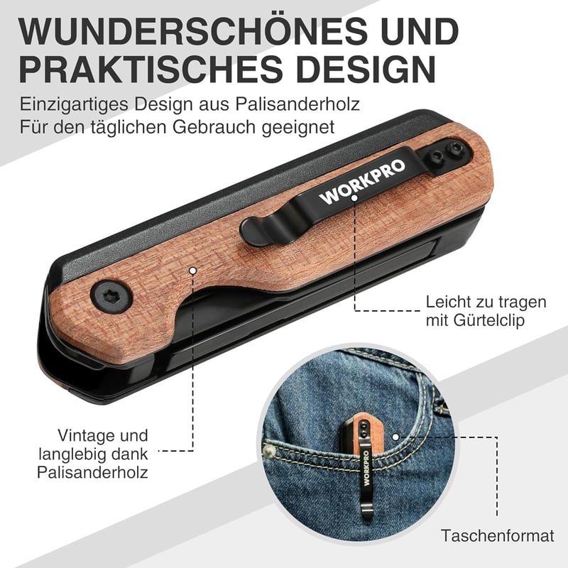 WORKPRO 2az1-ben Zsebkés Összecsukható Kés Alumínium Fa Nyéllel Gyorscsere 10 Pótpengével