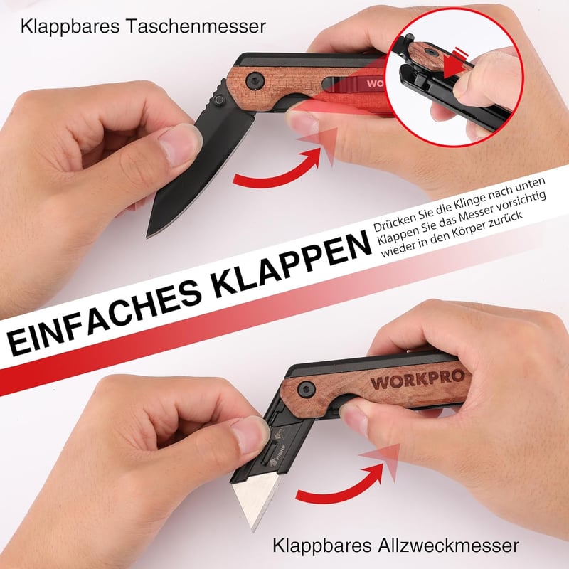 WORKPRO 2az1-ben Zsebkés Összecsukható Kés Alumínium Fa Nyéllel Gyorscsere 10 Pótpengével