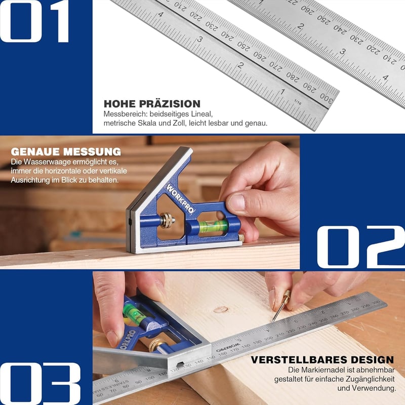 WORKPRO 300mm Kombinált Derékszög Szintezővel és Ceruza Jelölővel Rozsdamentes Acél